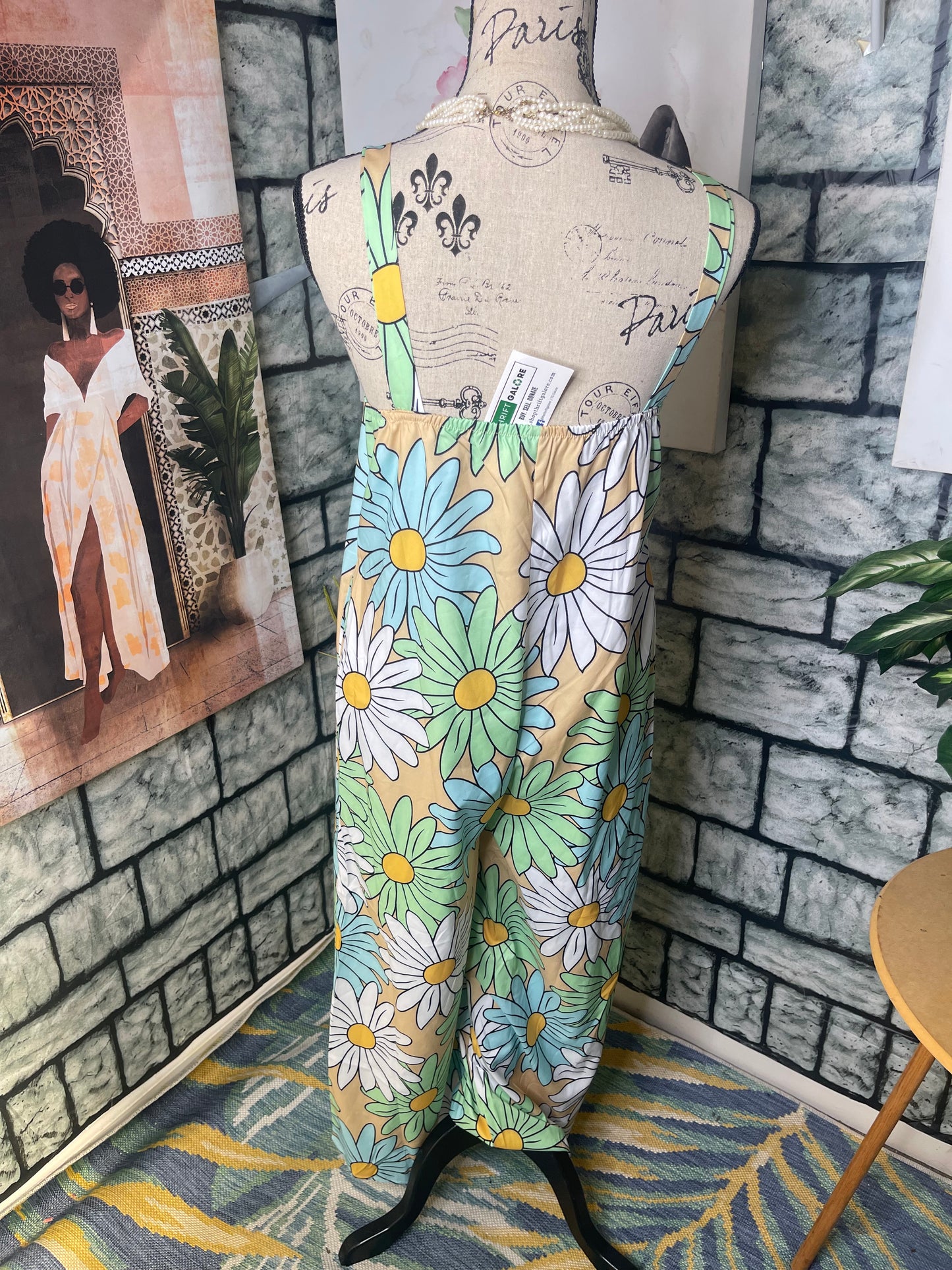 Shein Tan Blue Floral Jumpsuit Women sz Small