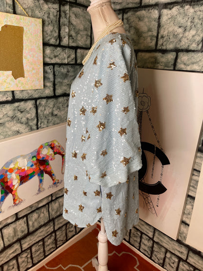Marble Blue Gold Star Sequin Dress Women sz Medium