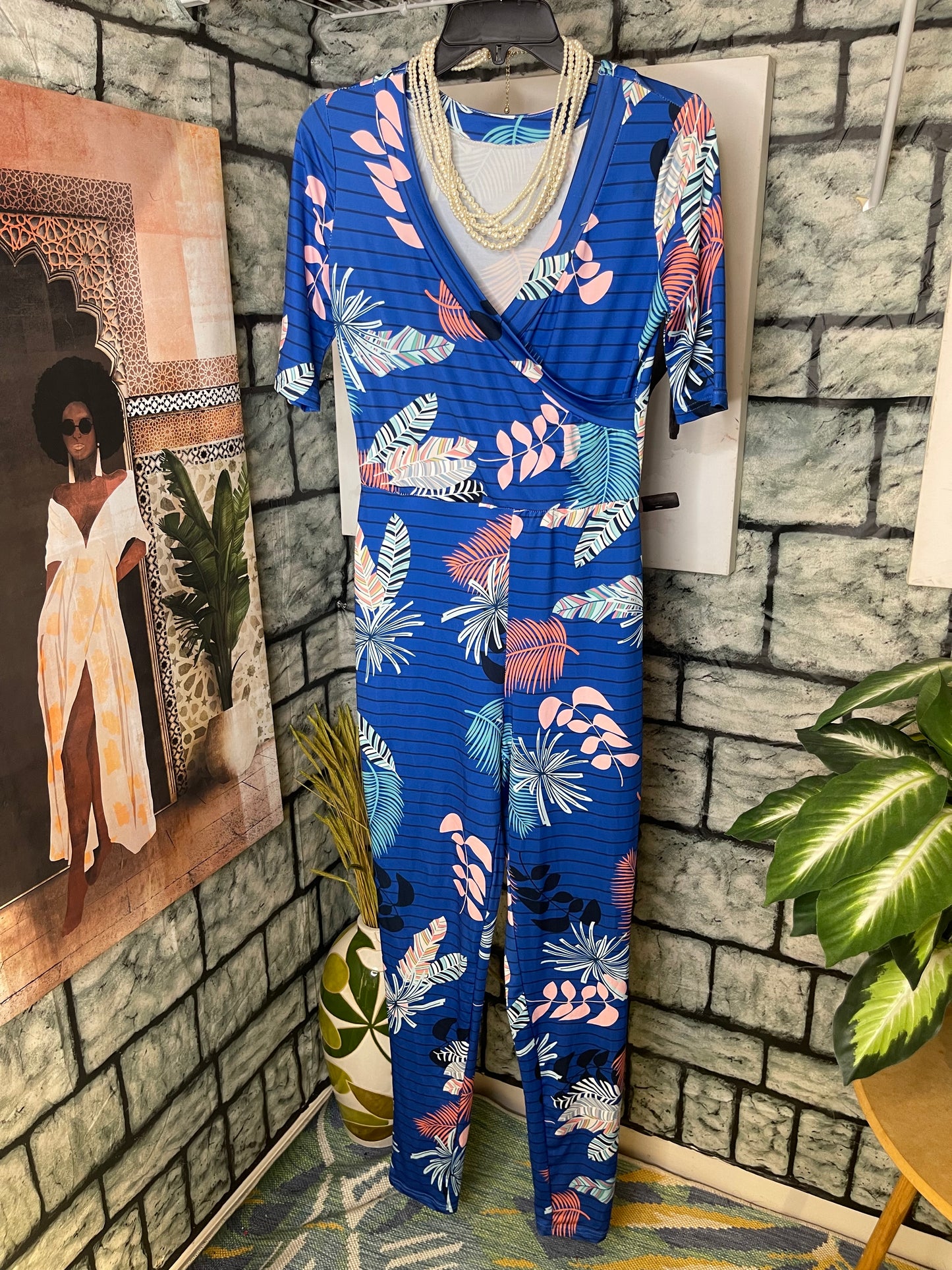 Blue Pink Print Jumpsuit Women sz Medium