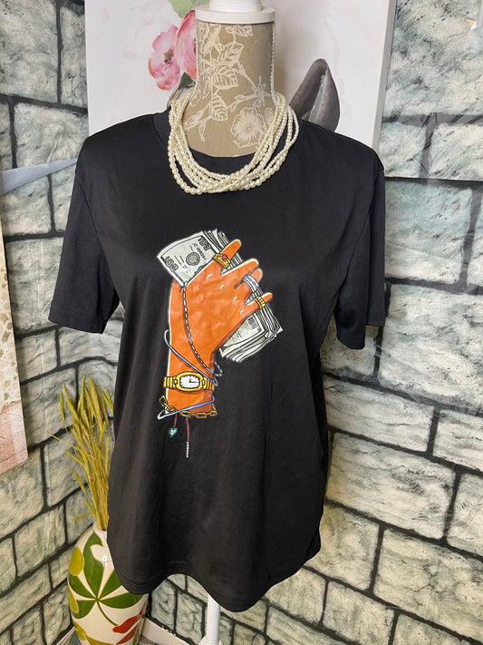 Shein "money" Black Graphic Shirt Women sz Small