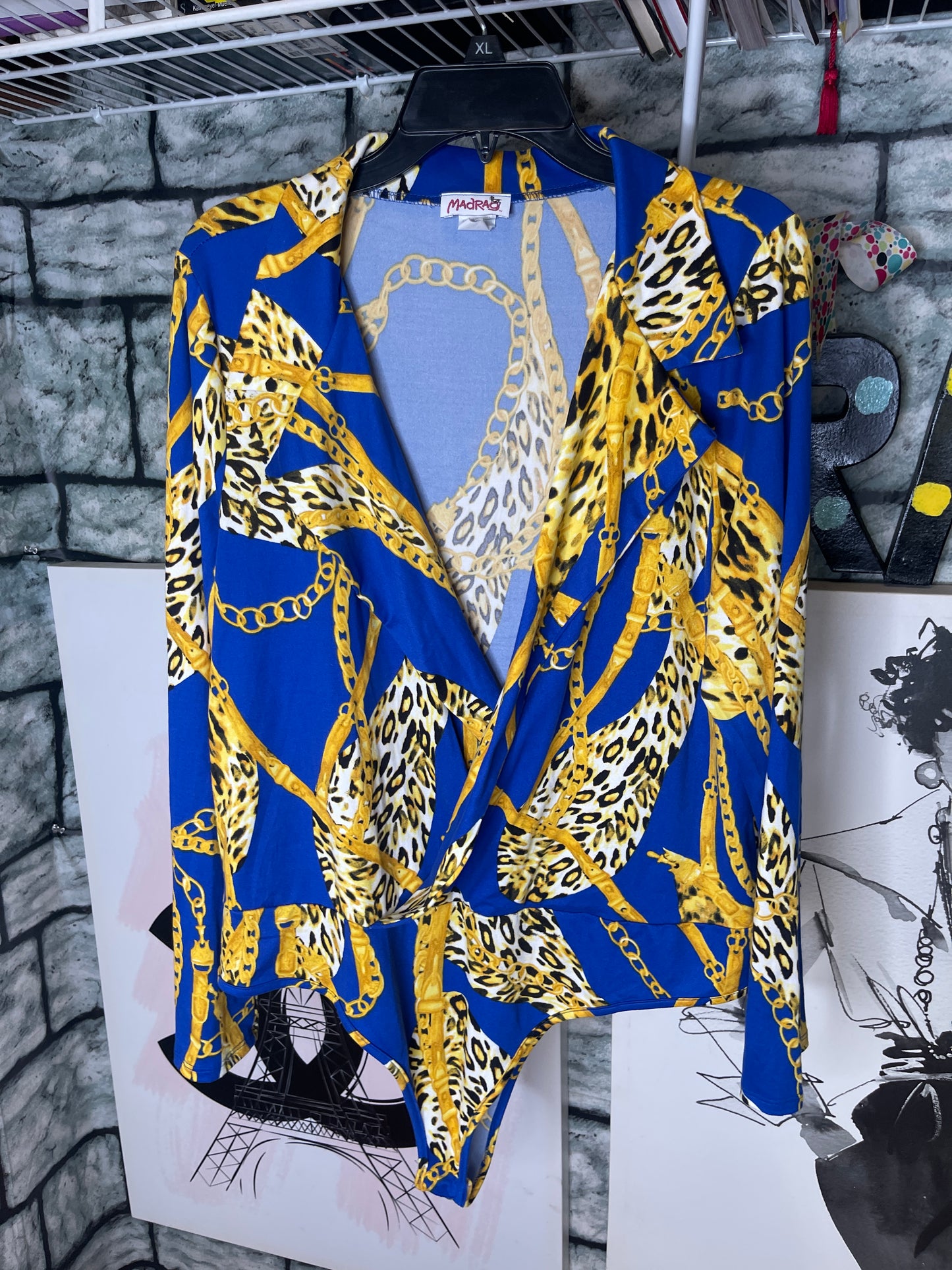 MadRag Blue Yellow Chain Bodysuit Blouse Women sz 3XL