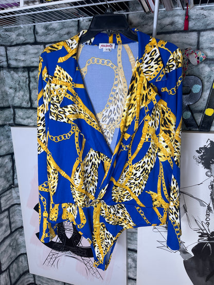 MadRag Blue Yellow Chain Bodysuit Blouse Women sz 3XL