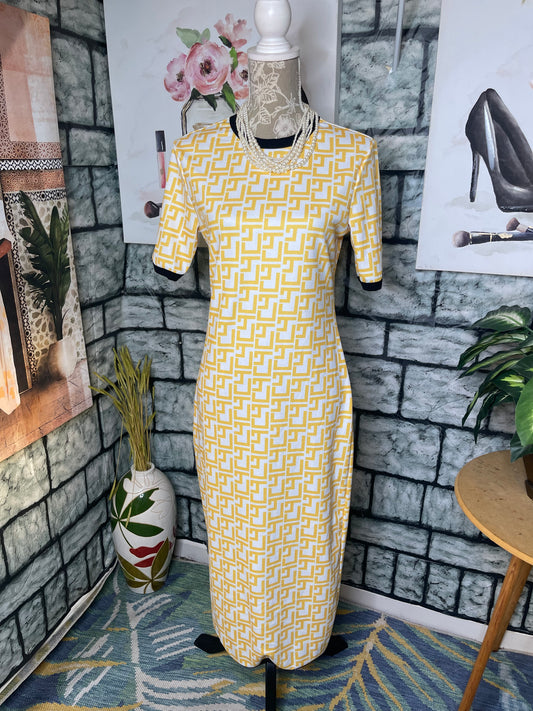 Shein Yellow White Print Dress Women sz Large