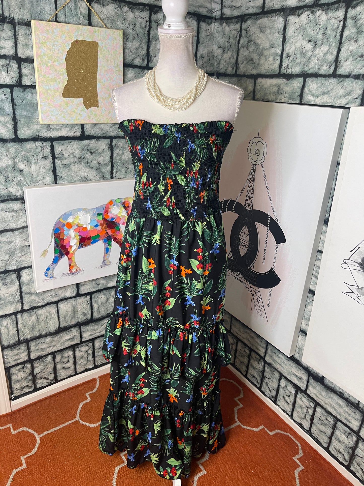 Mlle Gabrielle Black Green Floral button blouse / Dress Women sz 3XL