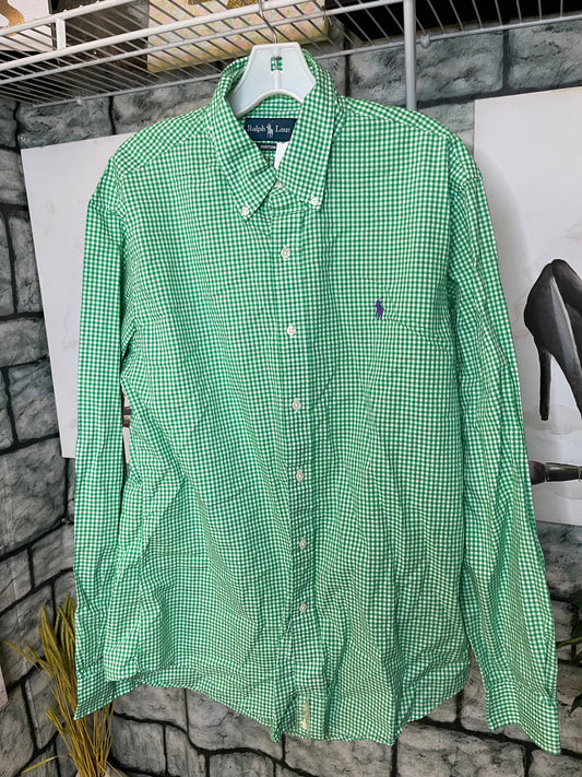 Ralph Lauren Green White Button Shirt Men sz Large