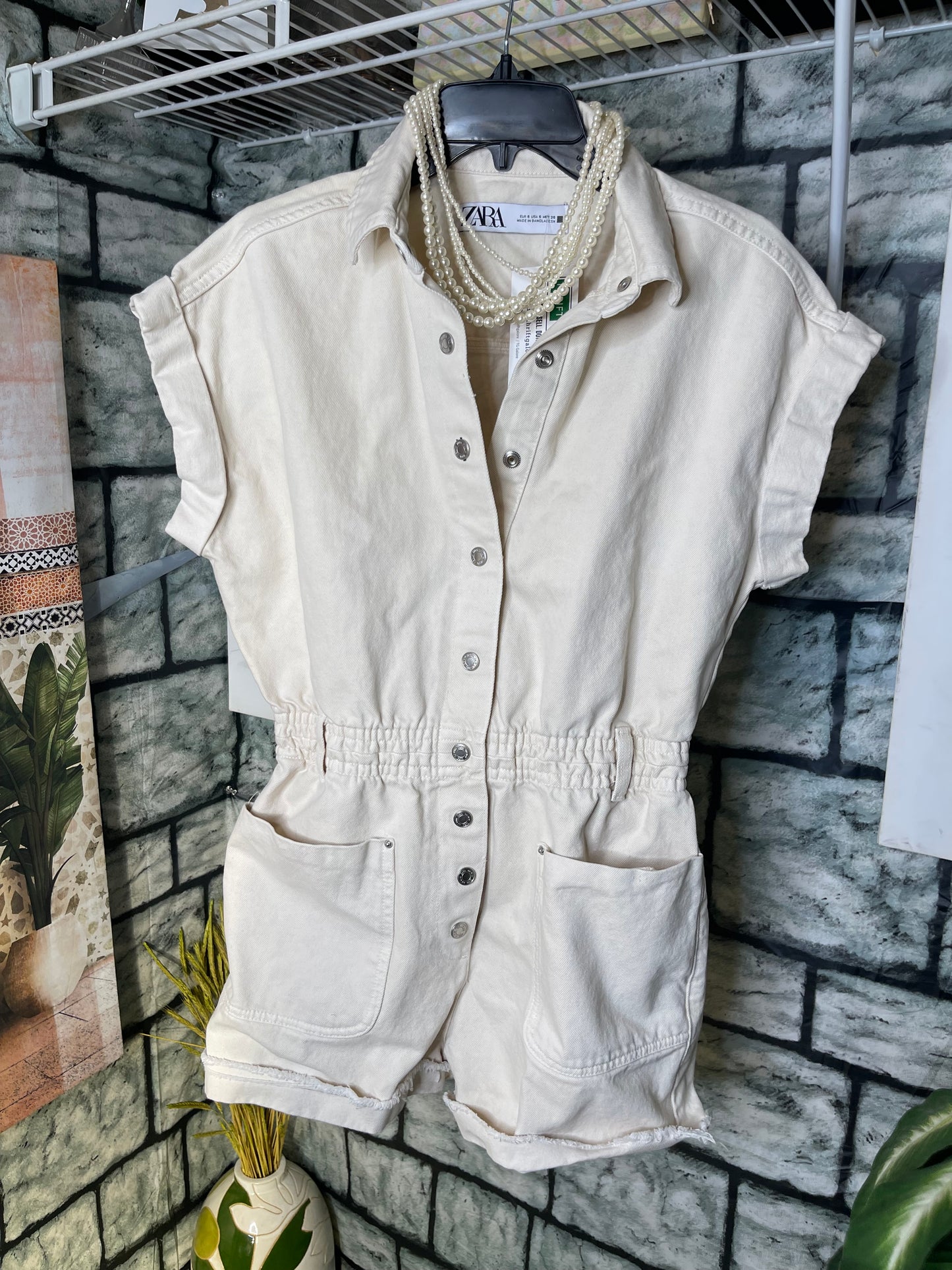 Zara Off White Denim Romper Women sz Small