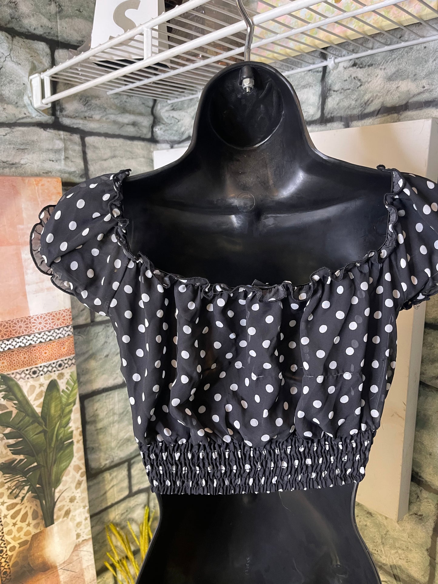 American Dream Black White Polka Dot Half Blouse Women sz Small