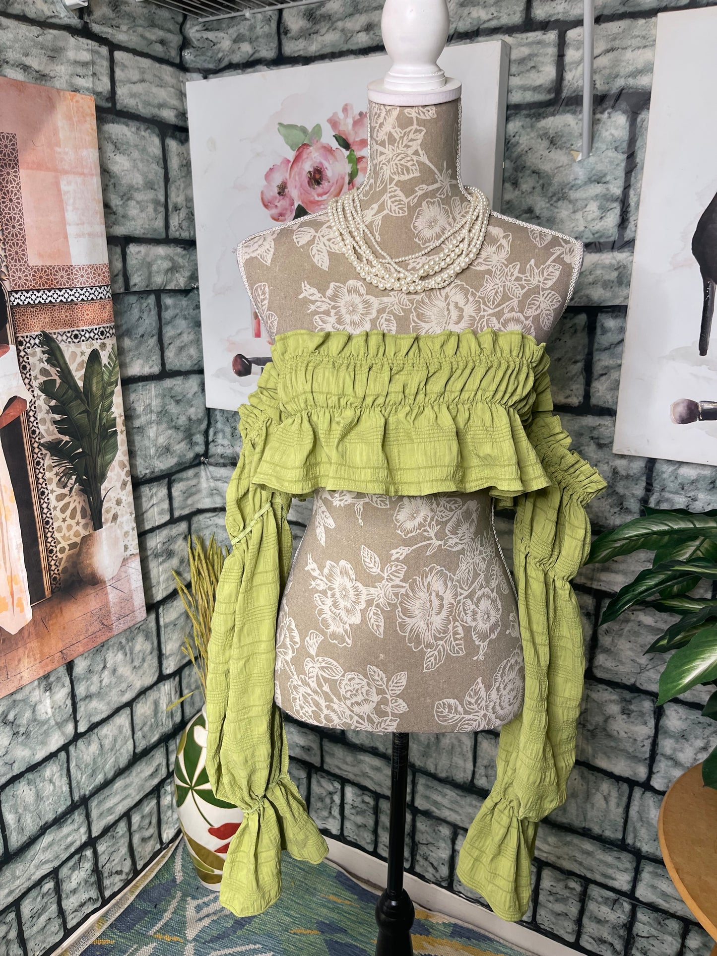 Shein Green Crop Blouse Women sz Small