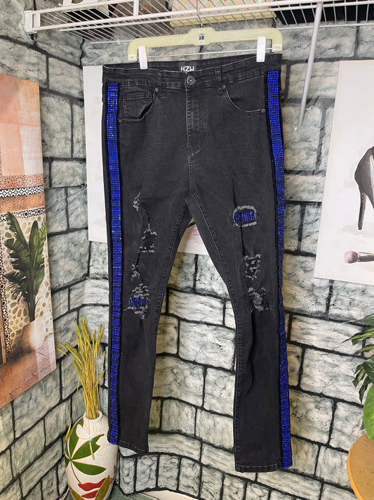 HZW Black Blue Denim Rhinestone Jeans Men sz 34