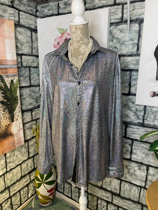 Wulful Silver Black Print Button Blouse Women sz Large