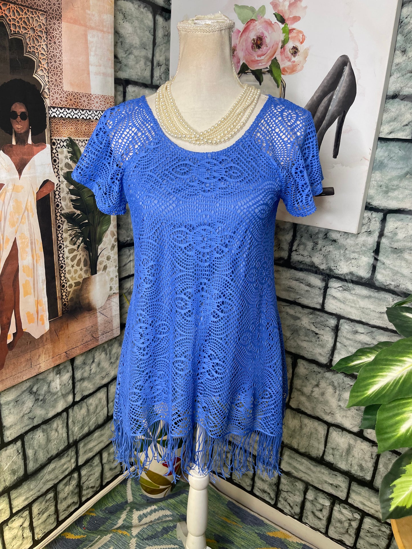 New Direction Blue Fringe Blouse Women sz Small