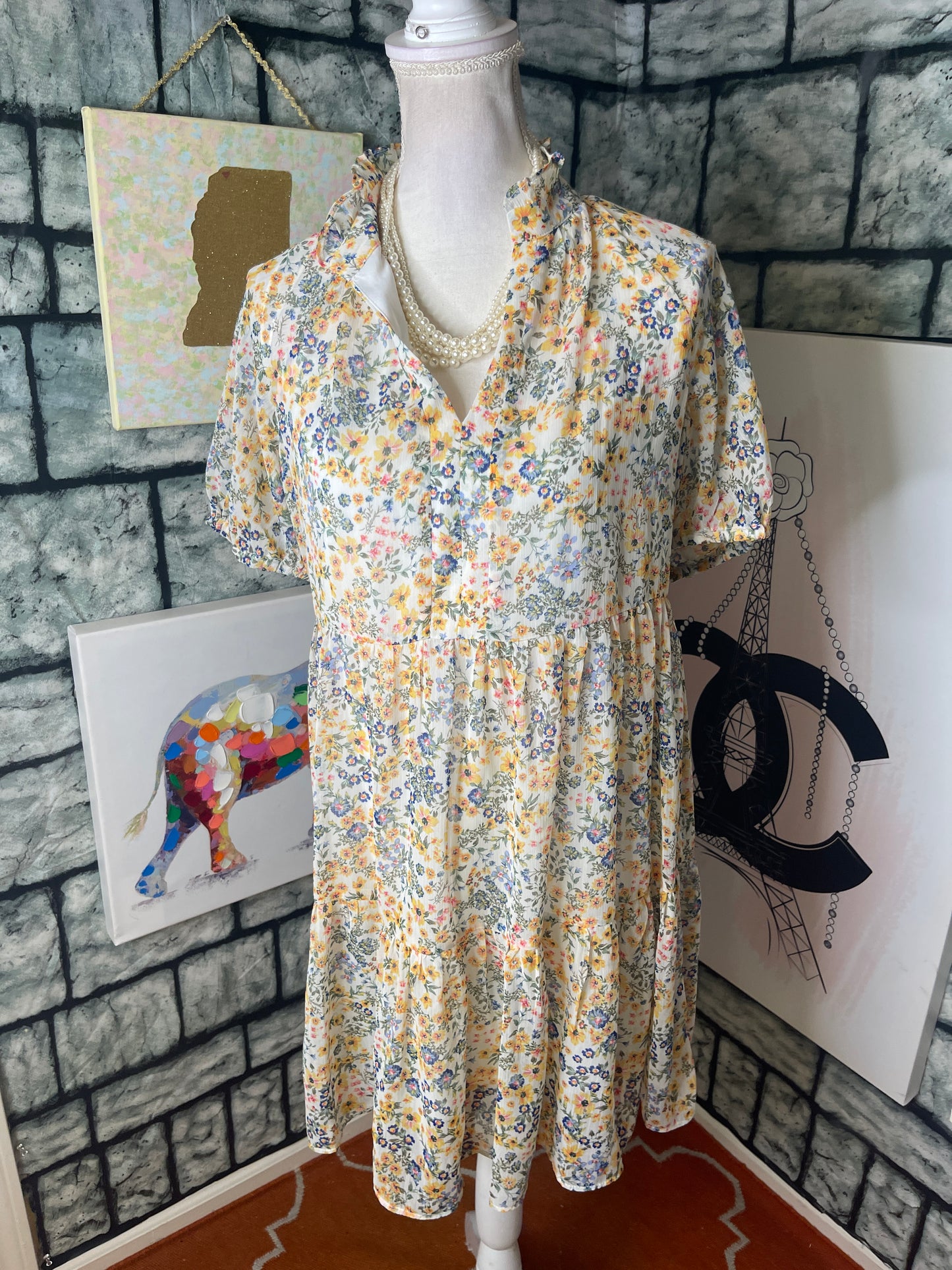 MSK Yellow Green Floral Dress Women sz Small