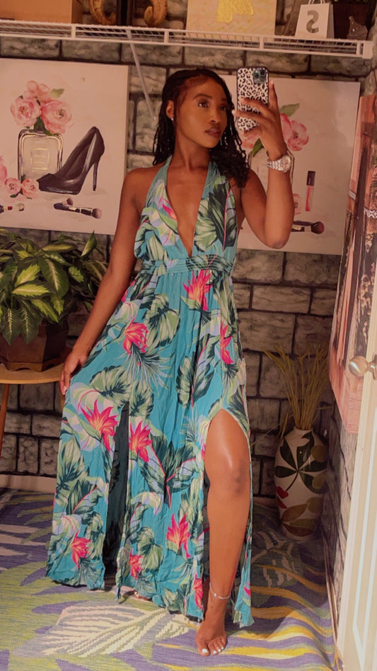 Mumu Green Pink Tropical Dress Women sz Large