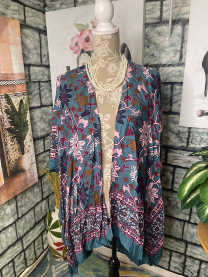 Time & Tru Green Purple Cover Duster Women sz Small / Medium