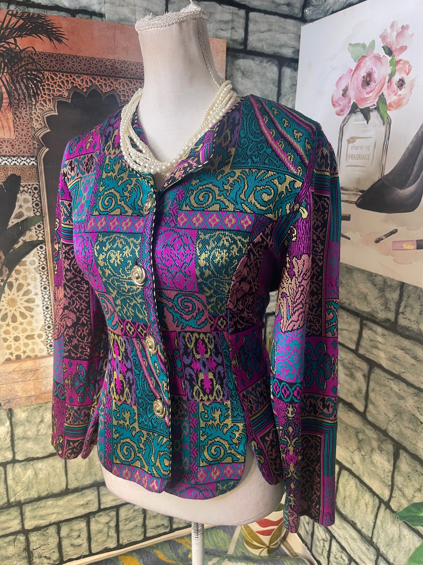 Miss Dorby Purple Green Button Blazer Blouse Women sz 10