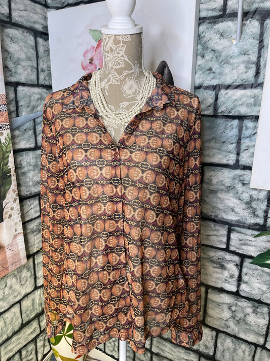 Love 83 Brown Black Print Button Blouse Women sz 2XL