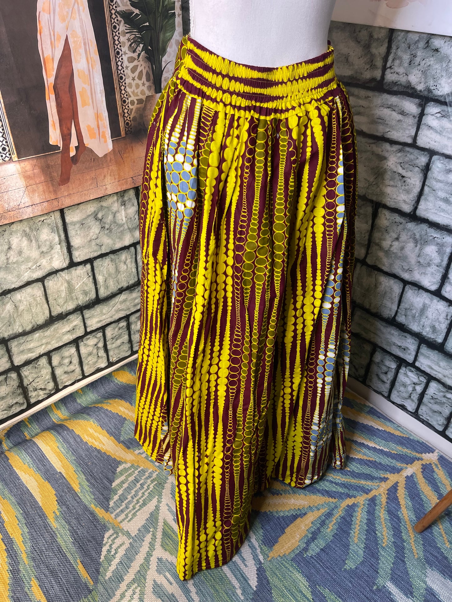 NEW African Print Skirt Yellow Burgundy Women sz One Size (BEST FITs UP to Large)