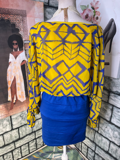 Monaco Blue Yellow Dress Women sz Large (BEST FITS LIKE A MEDIUM)