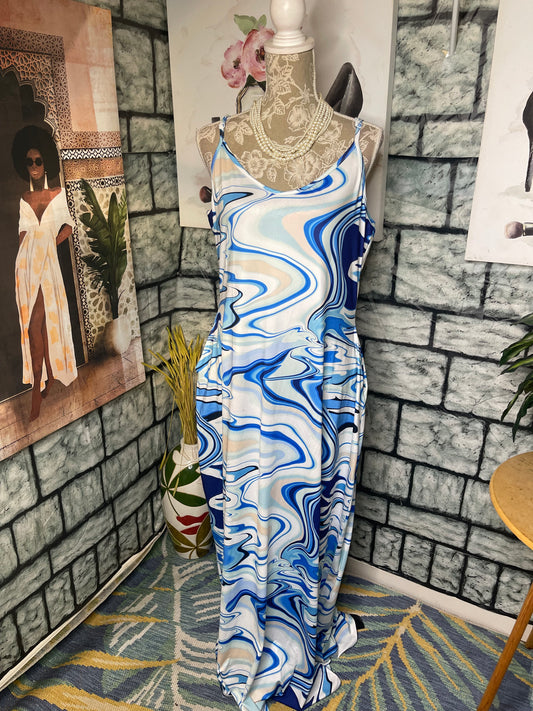 Blue White Dress Print Women sz 1XL