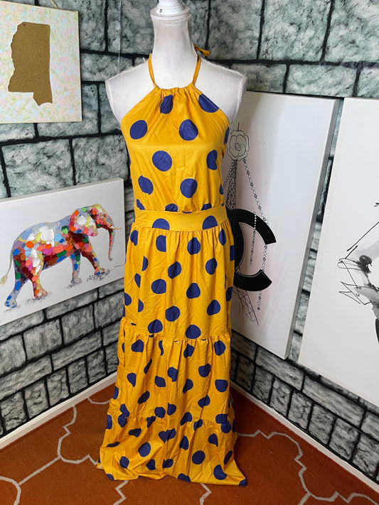 Yellow blue polka dot dress women sz Large