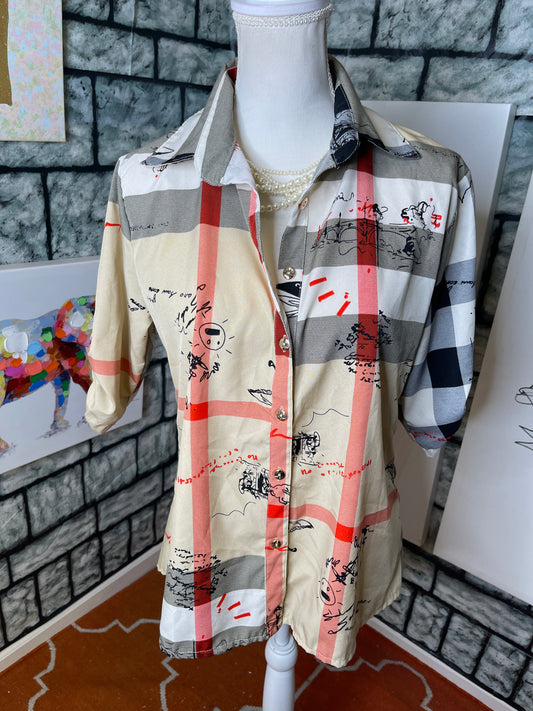 “Burberry” looking brown Blouse Women Sz Medium