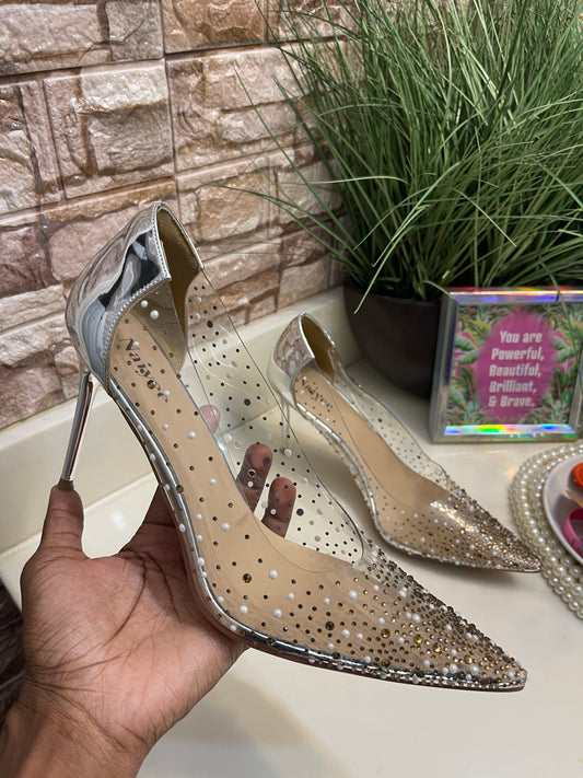 Naiyee Clear Silver Pearl Heel Low women sz 9.5