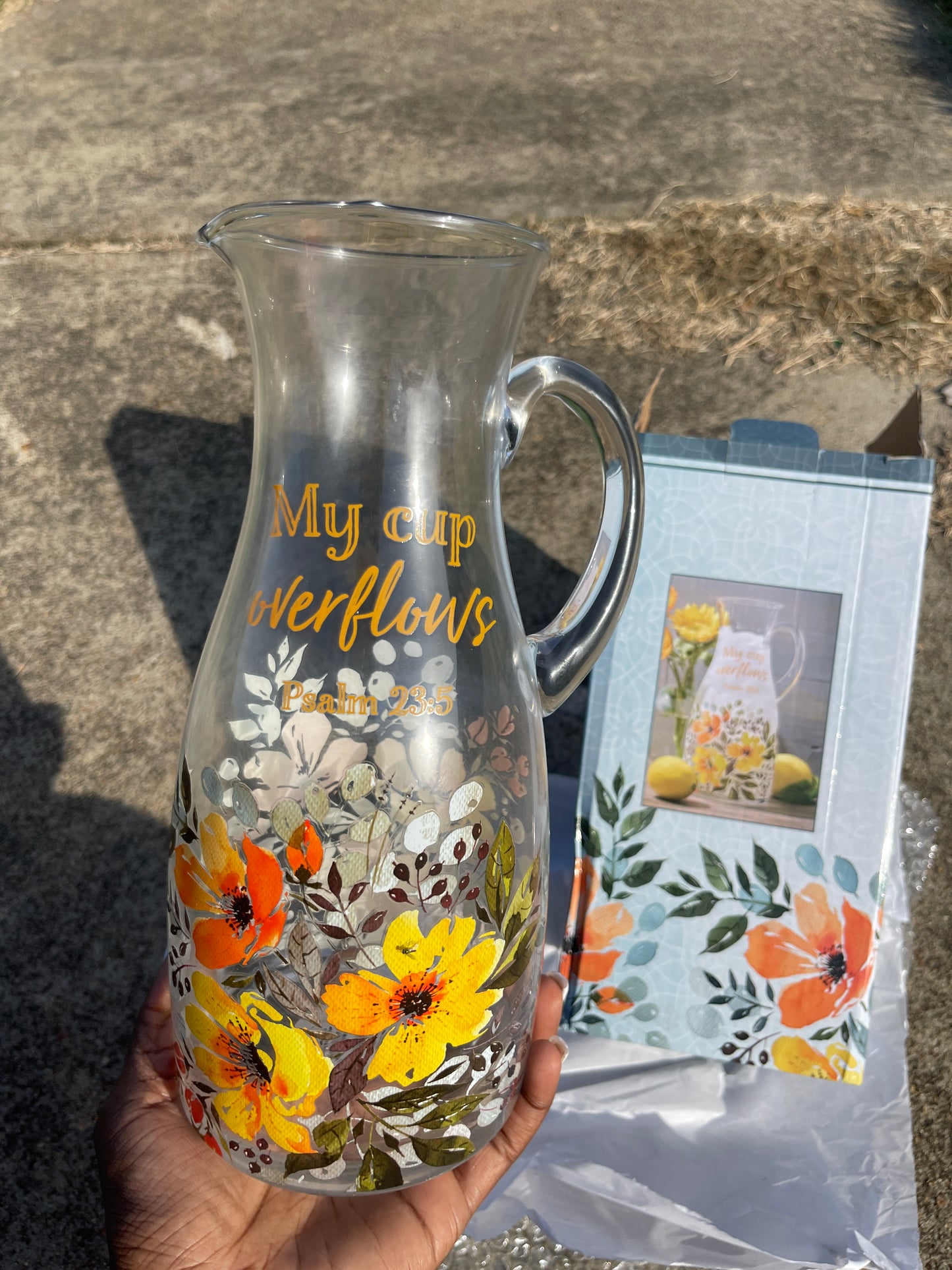 “My cup run over” glass pitcher
