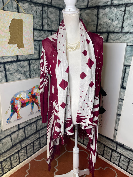 MY Michelle Burgundy and White cardigan Women Sz Large