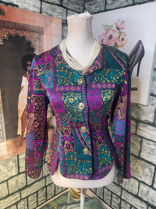 Miss Dorby Purple Green Button Blazer Blouse Women sz 10