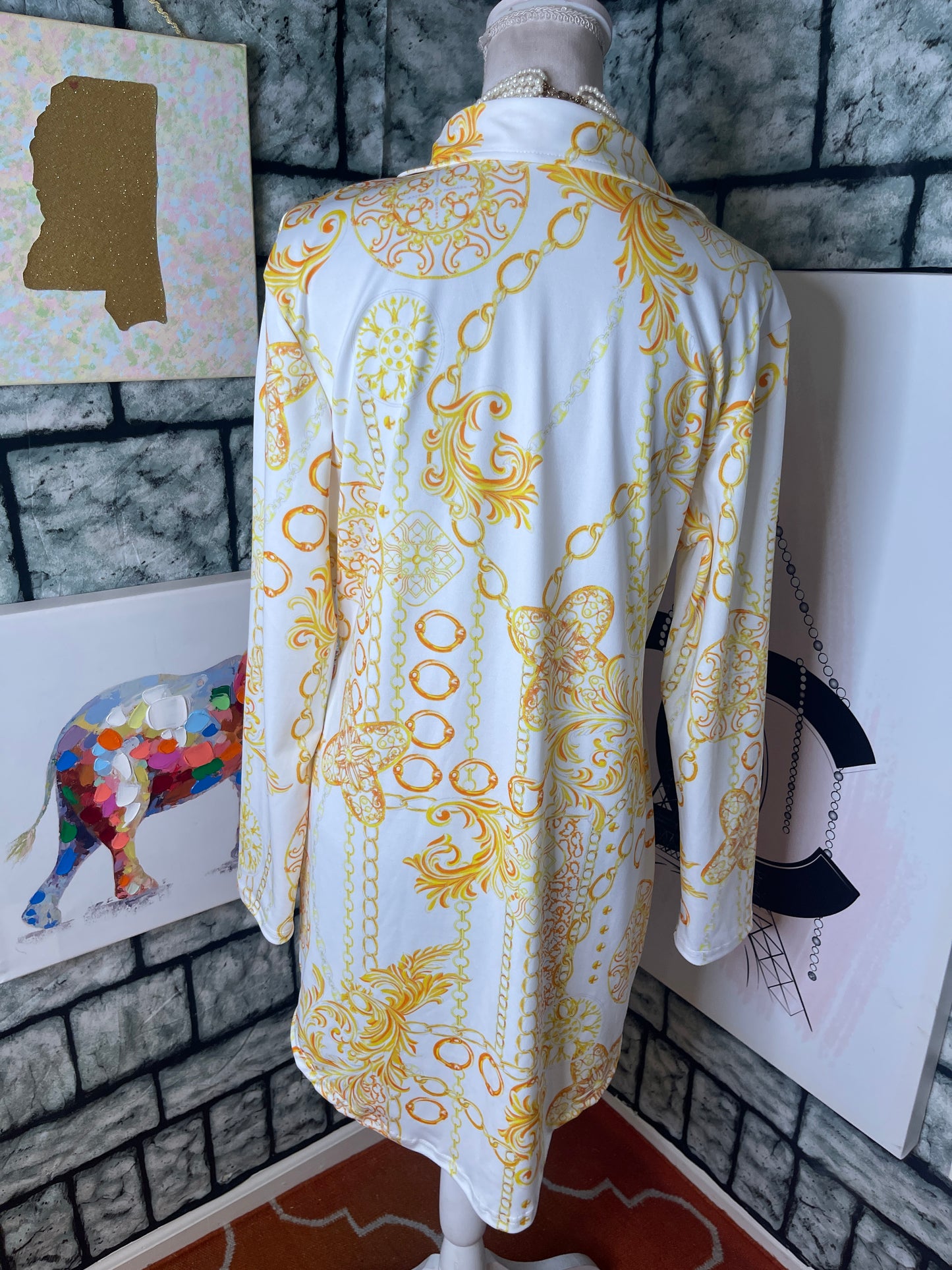 White Yellow Print Button Dress Women sz Large