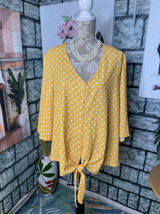 Yellow White Polka Dot Blouse Women sz XL