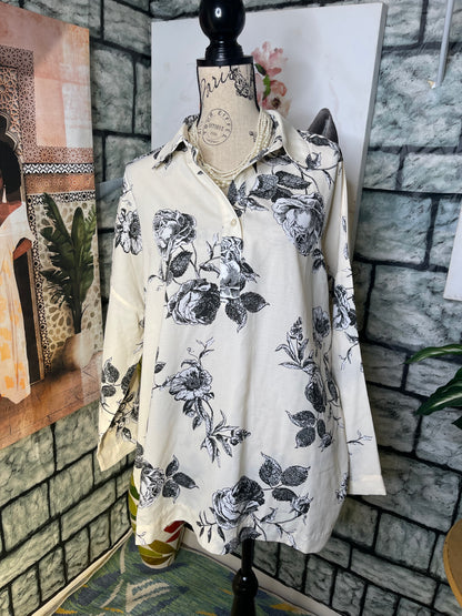 Studio Beige Floral Blouse Women sz Large