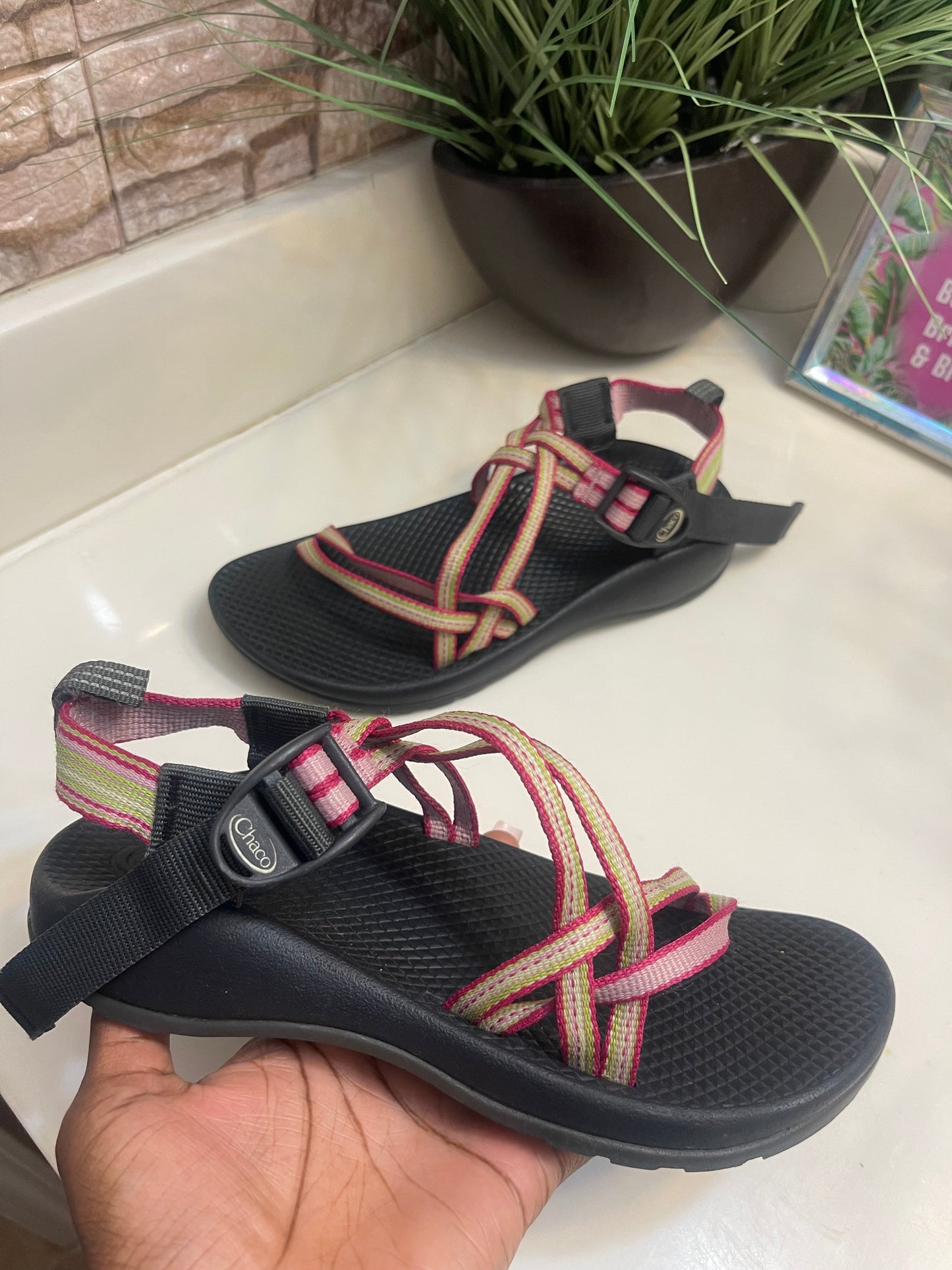 Chaco Pink Green Sandals Girls sz 4