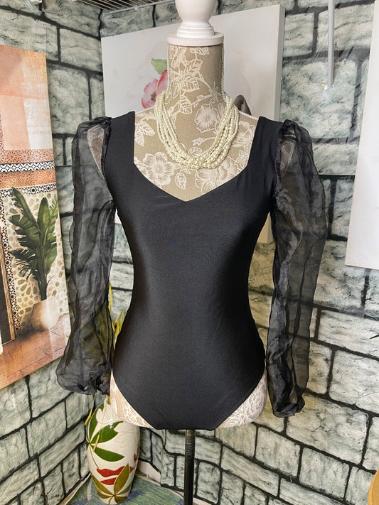 Blue Blush Black Bodysuit Blouse Women sz Small
