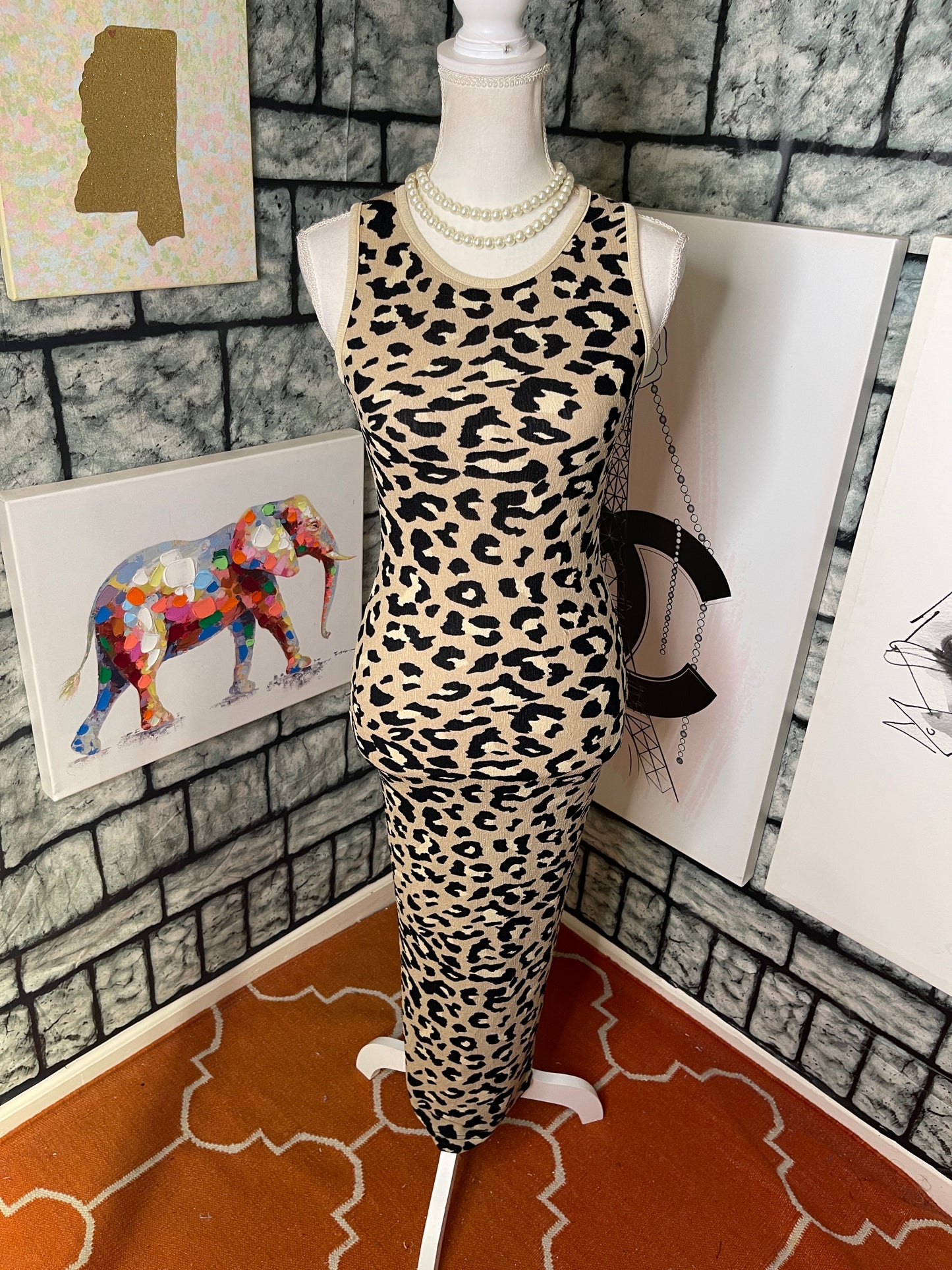 Good Time USA Tan Black Animal Print 2 Piece Dress / Cover Women sz Small