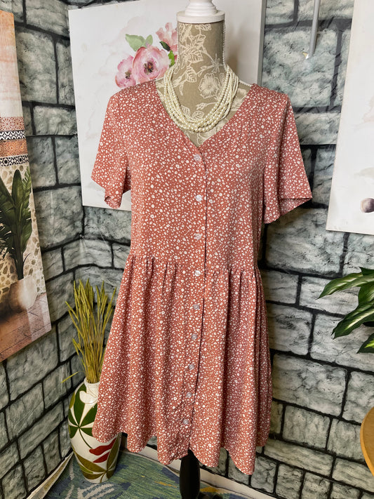 Brown White Print Button Dress Women sz Small