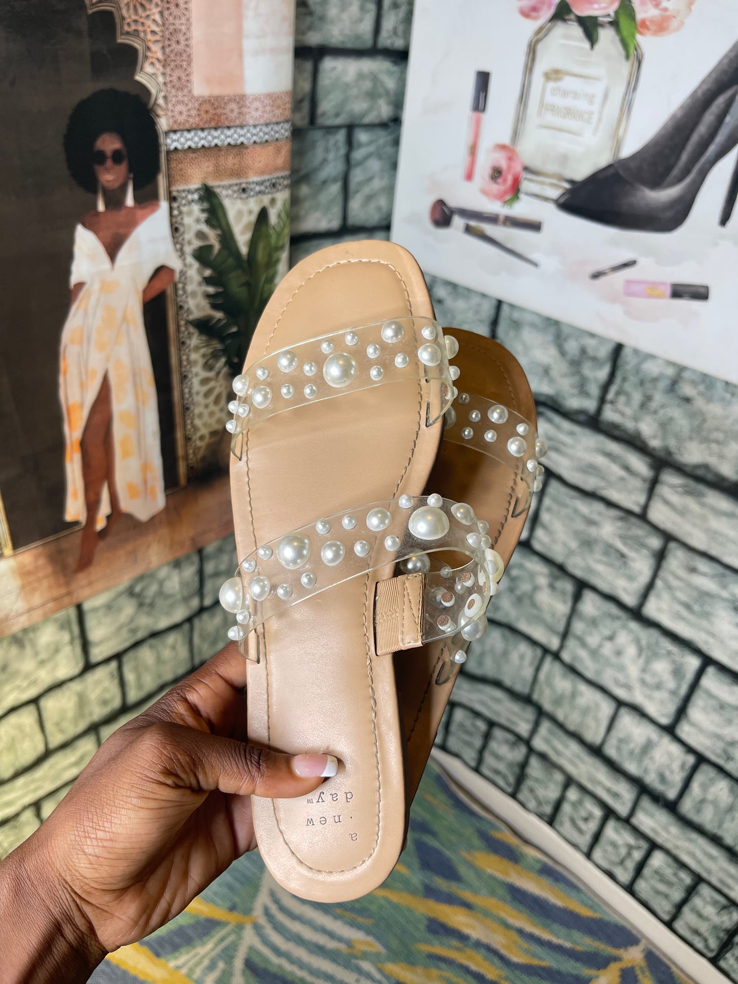 A New Day Clear Pearl Sandals Women sz 11