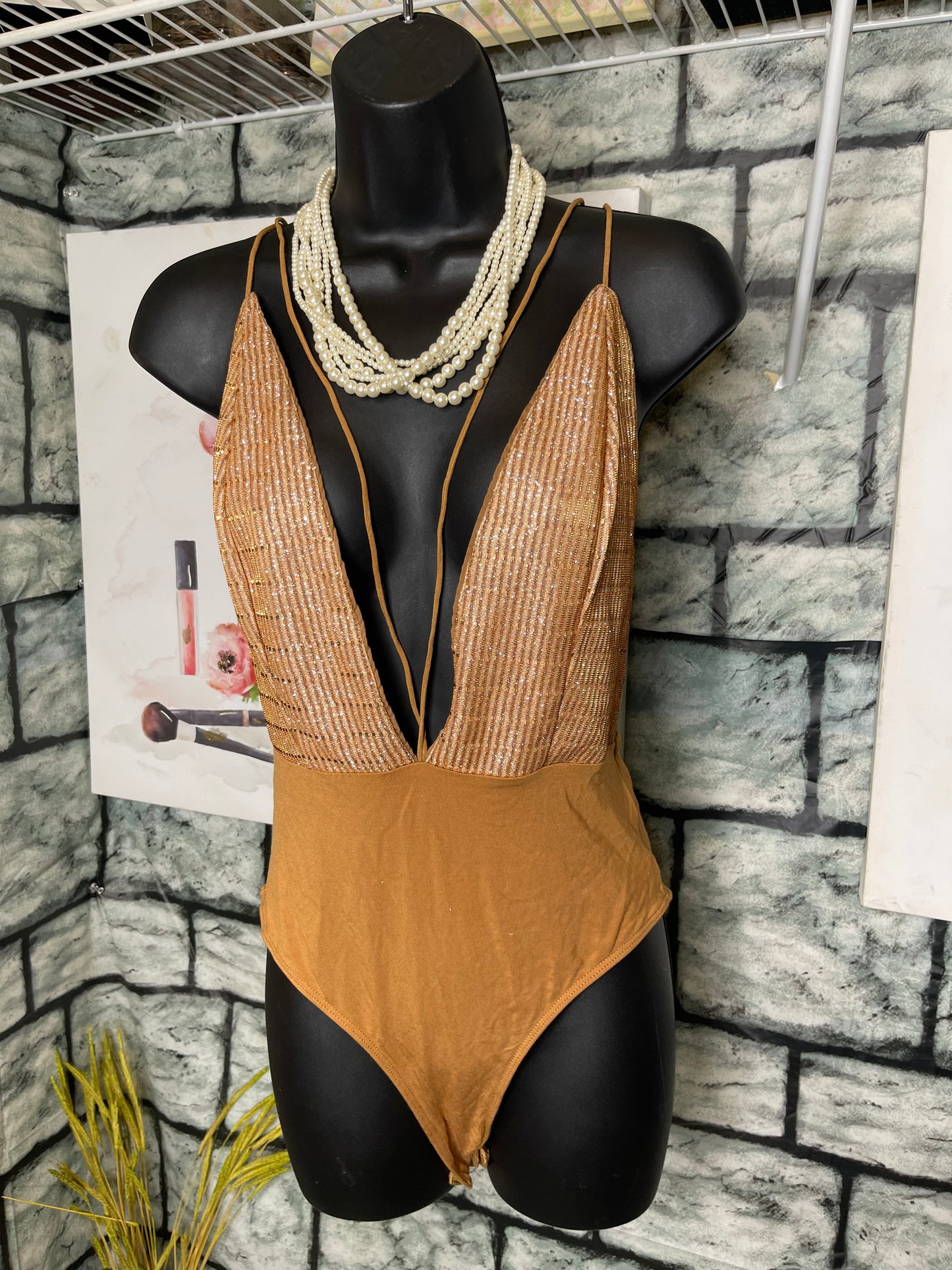 Shein Brown Bodysuit Blouse Women sz Small