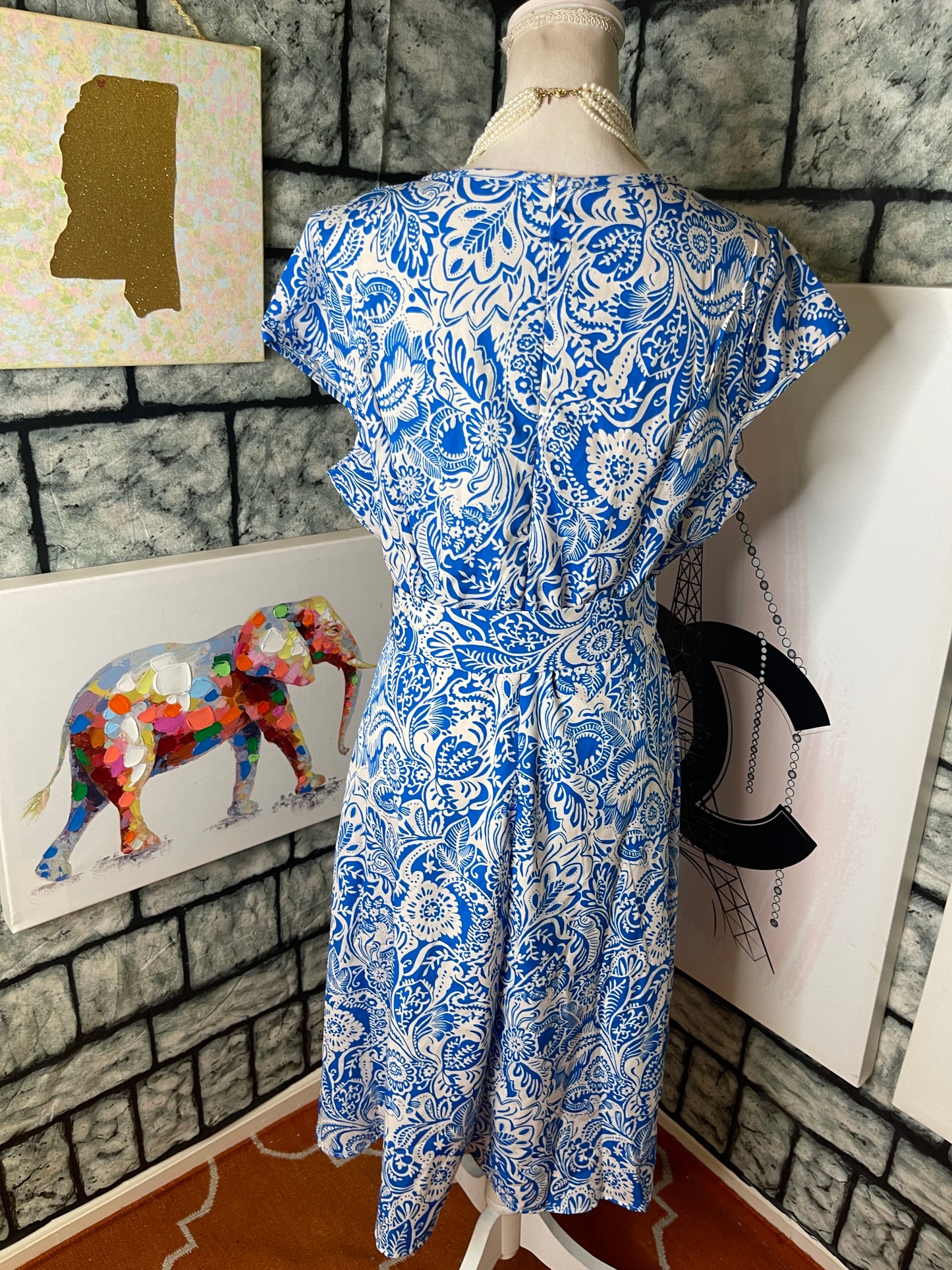 Blue White Print Dress Women sz XL