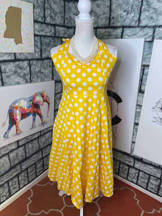 Yellow and White Polka Dot Dress Women Sz Large