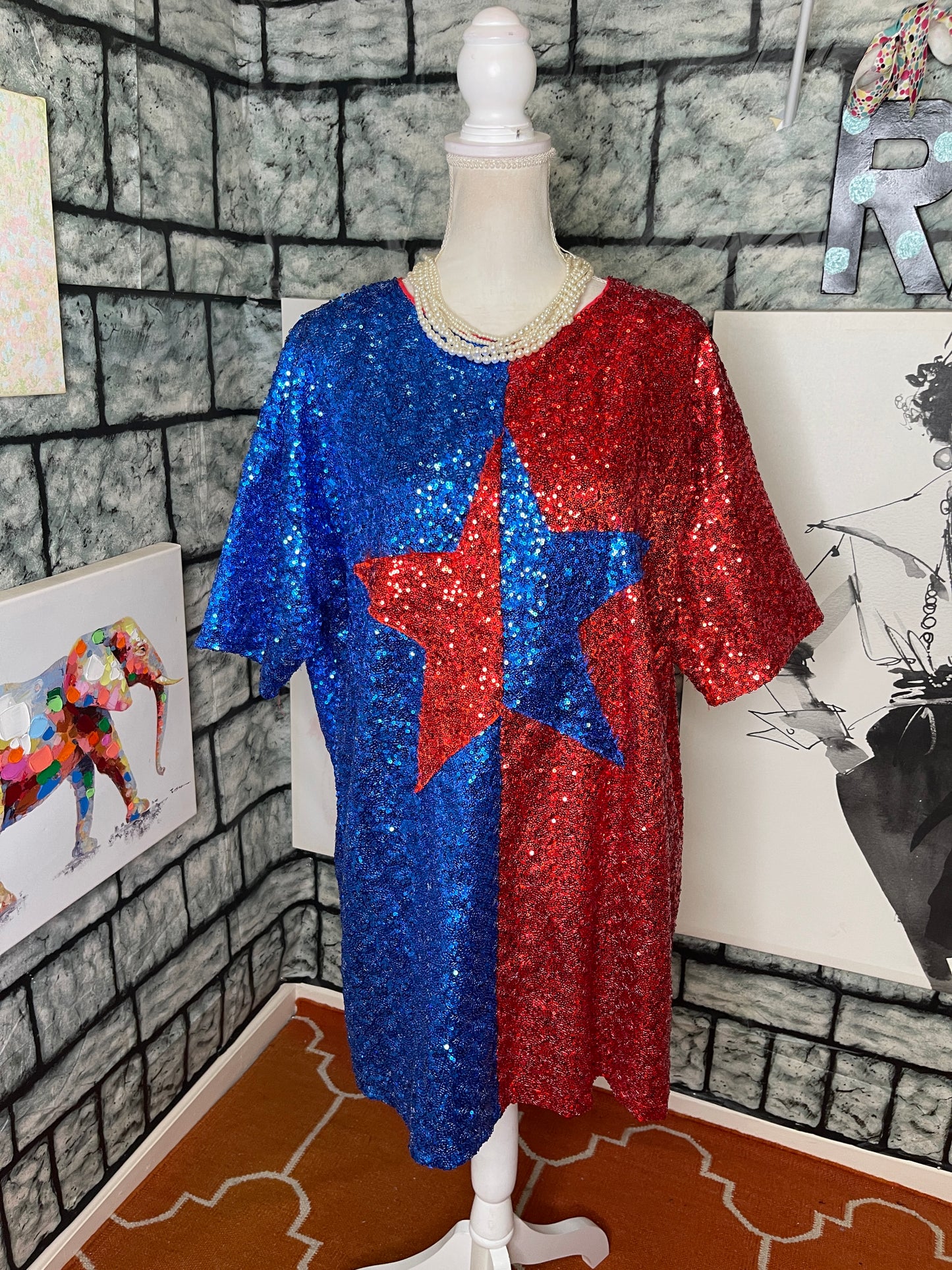 Blue Red Sequin Dress Women sz Large