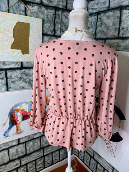 Fifty Street Pink Black Polka Dot Blouse Women sz Medium