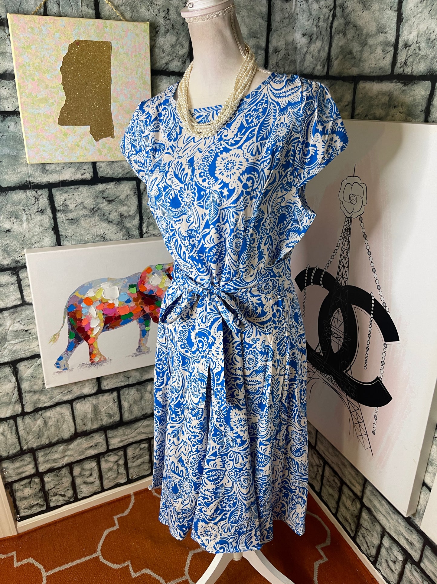 Blue White Print Dress Women sz XL