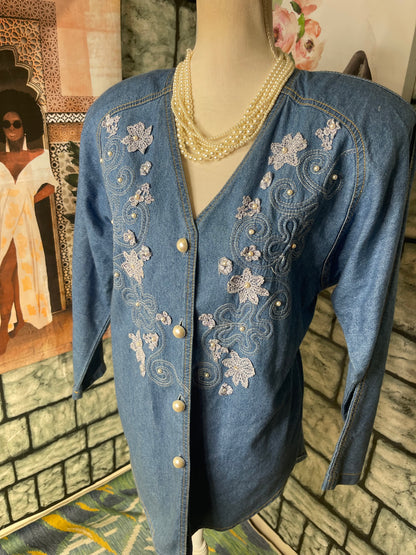 Monique Fashion Blue Denim Blazer Blouse Women sz 6