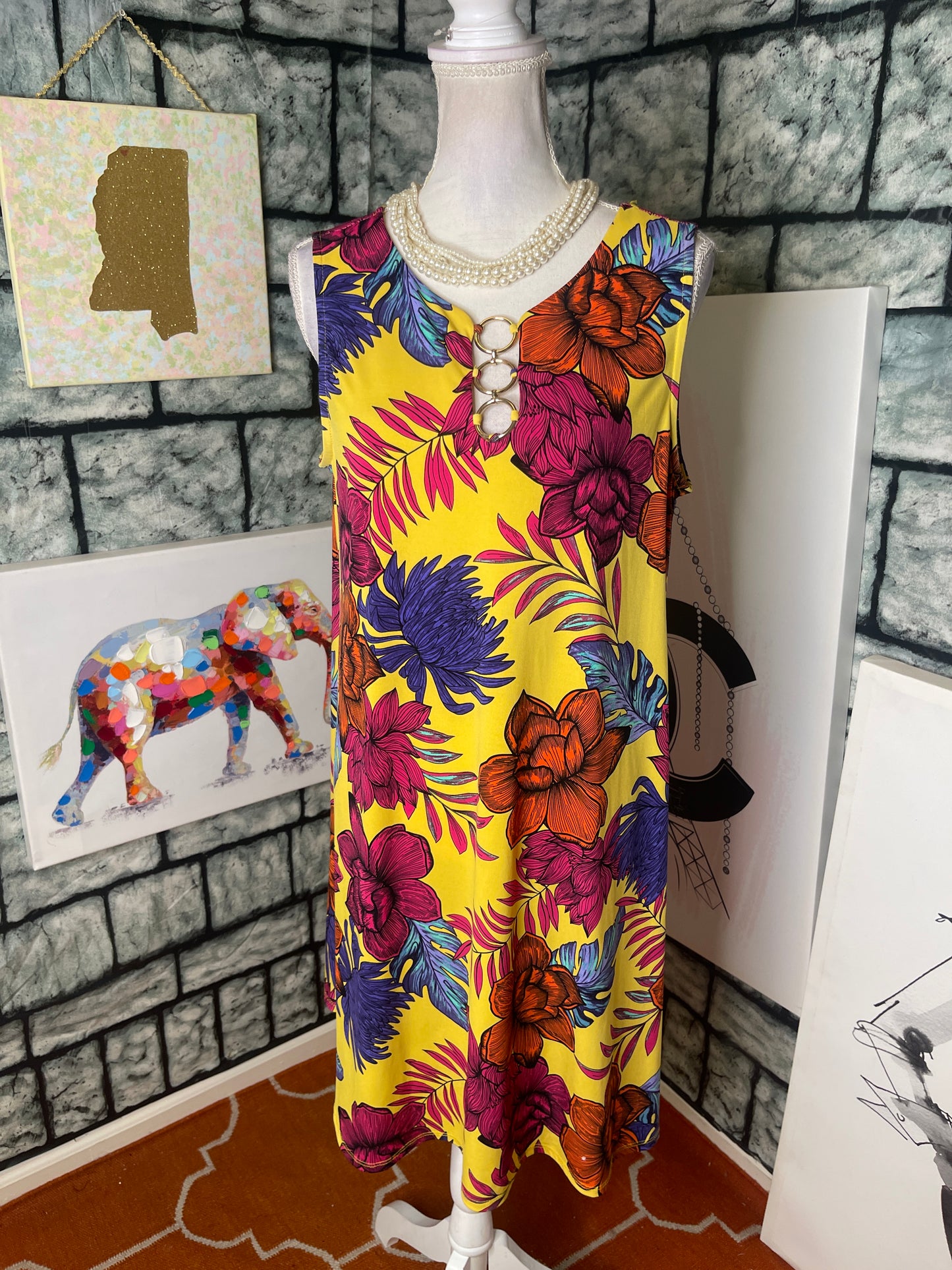 MSK Yellow Floral Dress Women sz Large