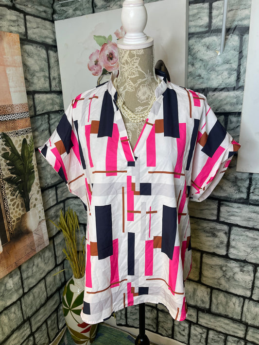 Shein White Pink Black Blouse Women sz 1XL