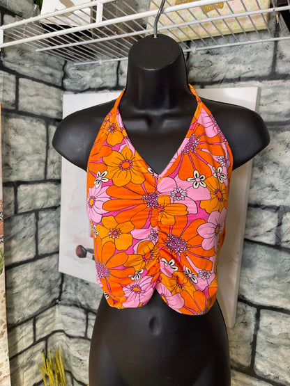 3 Girls Clothing Orange Floral Crop Blouse Women sz Large