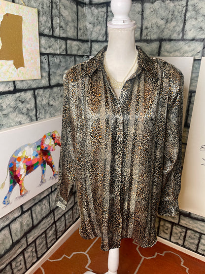 Karen Scott Black Brown Animal Print Button Blouse Women sz Large