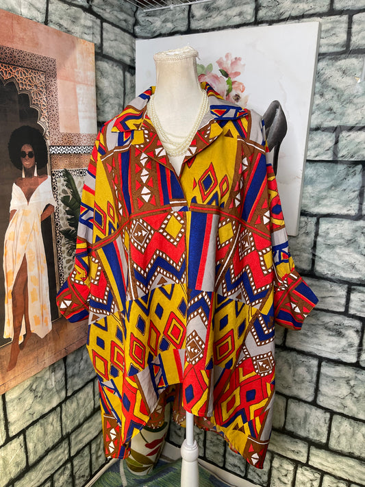 Yellow Blue Red Print Blouse Women sz One Size (BEST FITS Up to LARGE)