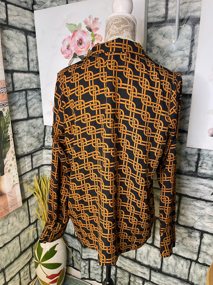 Forever 21 Black Orange Print Blouse Women sz Large